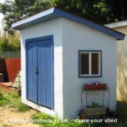 Side Front View of shed - little blue spunky shed, 