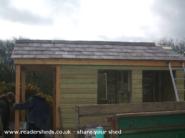 Wind Powered Shower Shed: Front of roof done, not bad for my first time slating!