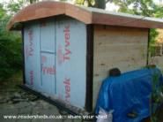 Back wall showing Tyvek breathable membrane of shed - The Bothy, Greater Manchester