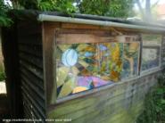 Front of shed, with recycled stained glass window of shed - Some sort of leaning thing, Greater London