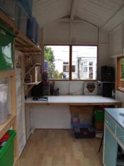 My art studio: inside, painted it white, shelves up, just a few little jobs to do, then its finished!