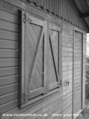 Side view, black and white of shed - , 