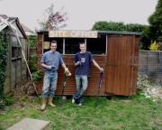 James and Uncle Phil taking a break during construction. of shed - The Kestrel Club, 