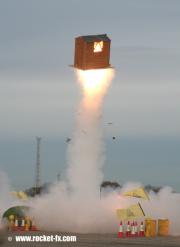She flies! The world's first rocket-propelled garden shed lifts off. of shed - Space-Shed, 
