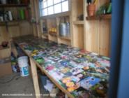 work bench with photo collage of shed - Kathy's Shed, 