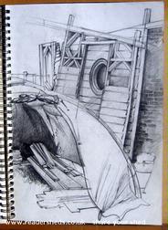 Sketch of gable walls before fitting. Tent was used as temp workshop, now full of holes. Thanks to the resident Artist, this stage in construction was not totally lost of shed - THE BEDLAM DUBSHAK, West Riding
