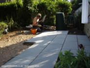 Laying the patio of shed - Little Oasis, Berkshire