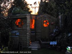 At night the eyes and nose light up to reveal my creative sanctuary. of shed - The Stencil Shed, Wiltshire