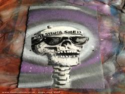 Skelly bob Bill cartoon style stencil of shed - The Stencil Shed, Wiltshire