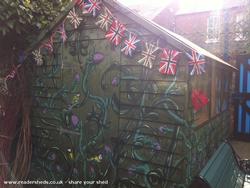 Front with Union Jacks of shed - The Purple Berry Shed, Liverpool
