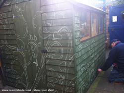 Drawing out the shed design in chalk of shed - The Purple Berry Shed, Liverpool