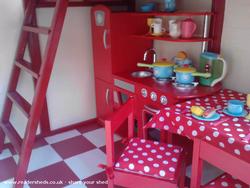 Inside view stairs, kitchen and table of shed - Maria's Play House, Nottinghamshire