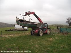 Telehandler unloads of shed - Boat Roofed Shed, Powys