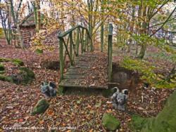 troll bridge to log cabin of shed - White Field Lodge, West Yorkshire