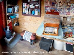 Interior Art Room with wood burner of shed - Allotment Roof Shed, City of London