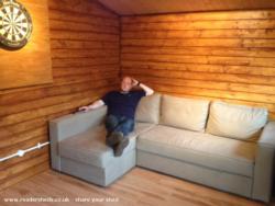 Sofa bed, dart board, chilled of shed - Costain's cabin, Cheshire East