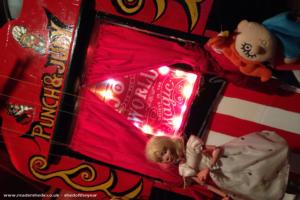 Wooden Punch and Judy stand I built from scratch from some old bedroom furniture original 1960s pulmam puppet on display. of shed - Fairground Arcade /retro museum, Stirling