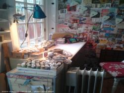 my desk and inspiration wall of shed - Sally's Shed, Staffordshire