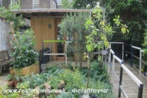 Front view with urban food growing plot of shed - The Old Girl, Greater London