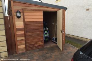 Golf buggy 'garage' with raided driveeay of shed - Cedar nautical leisure den and golf buggy garage, South Lanarkshire