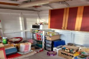 Inside - Fusing corner with microwave of shed - The Wendyhouse Workshop, Gloucestershire