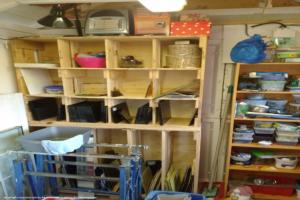 Inside - shelves for glass of shed - The Wendyhouse Workshop, Gloucestershire