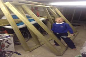 One of my helpers building the frame of shed - The Cave - Daves, North Yorkshire