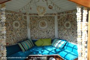 selection of mosaic shell designs of shed - The Sea Shell Retreat, Hampshire