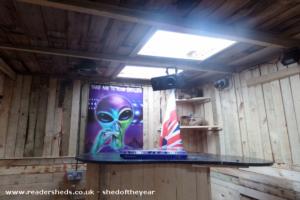 Inside , DJ ,s desk and mini bar of shed - party shed, Wiltshire