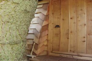 The front door! Made inside the tree house out of local cedar of shed - Celyn Dawn, Monmouthshire