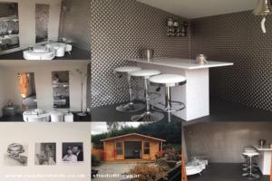 Collage of photos of inside and out of shed - Janice's champagne bar, Essex