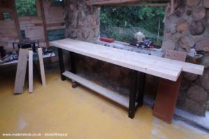 Starting to build the work bench. 4x4 garden posts used for the legs, old scaffold boards for the shelf and the top, well 12ft x 3 in x 9in, 3 of them together, of shed - The Off Cut Shed, Norfolk