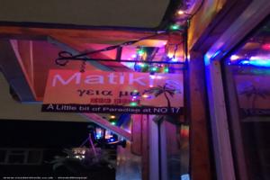 Bar Sign at Night over porch of shed - Matiki's, Greater Manchester