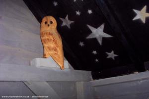 inside roof - owl carving of shed - Hunters Bothy, South Lanarkshire