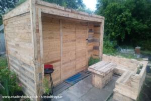 Front view of shed - Allotment recycled pallet eco shed, Lancashire