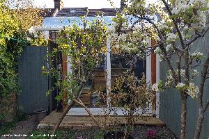 Front view of the shed, on a spring day of shed - Garden IoT Lab, Hertfordshire