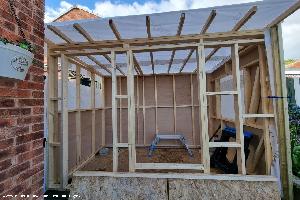 Frame sheeted in ply and covered with vapour barrier. of shed - Work Life Balanced, South Yorkshire