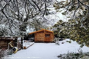 cabin in thick snow of shed - Tim's Viking Cabin, Leicestershire